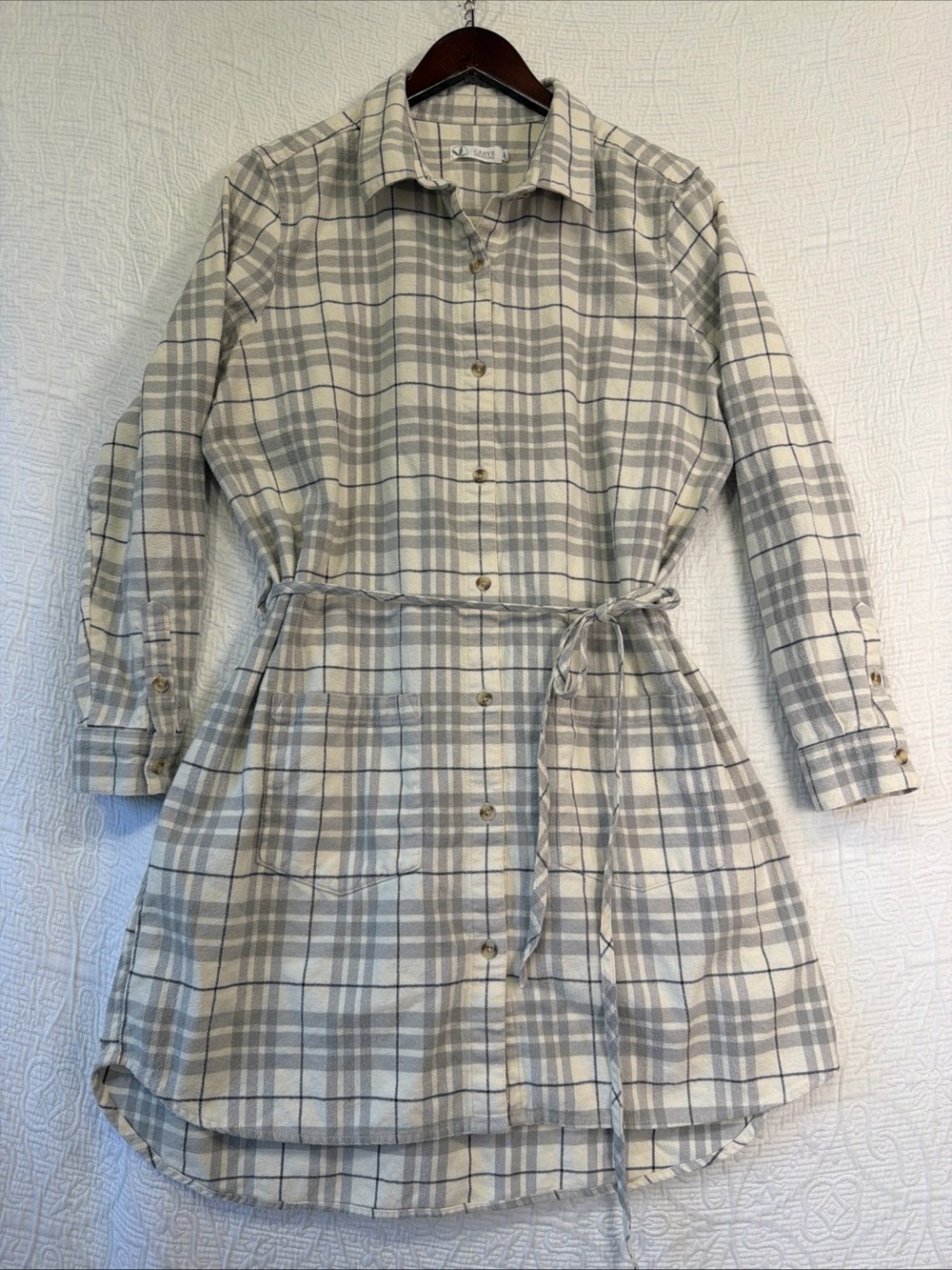 Carve Designs Creston Flannel Shirt Dress Womens L Grey Plaid Button Belt Cozy